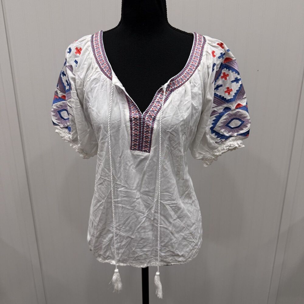 Anthropologie Luna Moon Women's Medium White Embroidered Bohemian Peasant Blouse